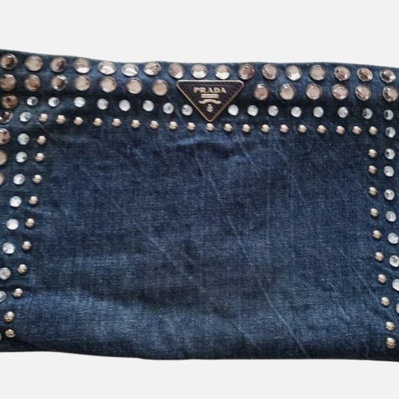 PRADA CANAPA Clutch Wristlet Bag Denim Purse Stud Jewel Bling Rhinestone - Picture 1 of 7